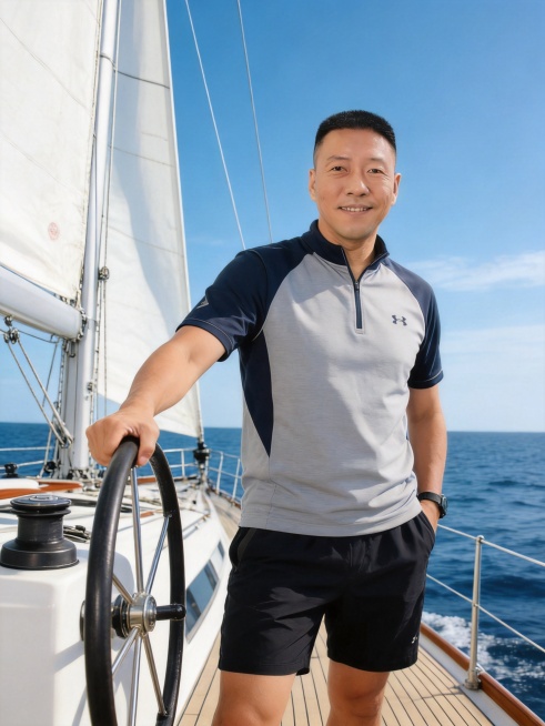 基于参考图人物特征，生成一张帆船出海运动场景写真，中年成功男士，阳光飒爽，敢于挑战，适合社交平台预览效果
