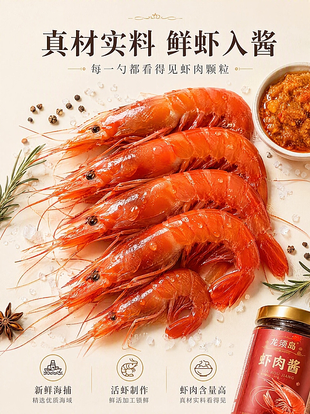 [第2张] 详情页成分原料展示-龙须岛虾肉酱新鲜海虾原料专页。
[氛围/风格] 产地新鲜感+原料真实感，商业微距摄影质感，干净高级。
[元素布局] 画面主体为多只新鲜饱满的大红虾平铺或堆叠，占画面约60%；虾身红润有光泽，虾须完整，带水珠质感；旁边可摆放少量虾肉酱小碟作为产品关联；背景为浅米色干净台面，点缀海盐颗粒、香辛料等元素；原料元素放大占主画面，突出真材实料。
[光影质感] 顶部柔光均匀打光，虾身有高光反射，水珠晶莹剔透，阴影柔和。
[配色色系] 全局底色 #F5F0E8 浅米白；主色虾红色；辅助色金色、深棕、海盐白。
[视角构图] 俯视平铺构图，原料为绝对视觉中心，阅读动线顶部标题→中部原料→底部卖点。
[文字版式] 顶部居中标题。主标题「真材实料 鲜虾入酱」，深棕色宋体大字；副标题「每一勺都看得见虾肉颗粒」，灰色小字；底部三栏图标式卖点：「新鲜海捕」「活虾制作」「虾肉含量高」；右侧小图露出产品包装一角；文字清晰可读，移动端友好。
[比例分辨率] 3:4竖版比例，4K分辨率，文字清晰可辨，高清画质。
[负向提示词] 虾变形，颜色灰暗，水印，文字错乱，背景杂乱，原料不新鲜。