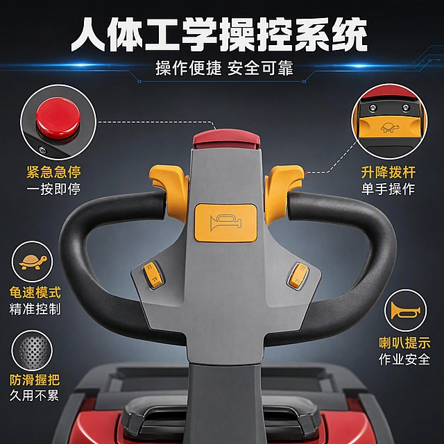 [主图-4] 细节主图-操控系统与安全设计，展示操控手柄、急停按钮、龟速模式等人性化设计卖点。
[统一基调] 工业专业风，深灰渐变背景配科技蓝光感，高信息密度满版构图。主色调：深灰、黑色；标题字色：白色；辅助字色：浅灰；强调色：黄色+红色；字体：粗黑无衬线工业字体。
[画面] 画面主体为操控手柄正面特写，居中偏上，占画面约50%。清晰展示：顶部红色蘑菇头急停按钮、两侧黄色升降控制拨杆、中间黄色喇叭按钮、左右两侧黄色功能按键、黑色人体工学环形握把。画面左侧叠加一个圆形放大框，展示红色急停按钮微距特写；画面右侧叠加一个圆形放大框，展示龟速模式（乌龟图标）按键特写。底部露出部分车身。
[光影质感] 科技感工业棚拍，顶部主光突出按钮立体感，黄色按键有明亮高光，红色急停按钮饱满醒目，黑色握把有细腻磨砂质感。背景有微弱蓝色科技光带。
[配色] 深灰渐变背景，白色标题文字，黄色+红色强调色，产品本色。
[文字版式] 顶部大标题："人体工学操控系统"，下方副标题："操作便捷 安全可靠"。画面左侧竖排3个卖点配图标："紧急急停 一按即停"、"龟速模式 精准控制"、"防滑握把 久用不累"。画面右侧竖排2个卖点："升降拨杆 单手操作"、"喇叭提示 作业安全"。文字均清晰可读，不遮挡关键结构。
[输出要求] 1:1正方形比例，细节清晰，文字层级分明，产品结构真实准确，无变形、无错字、无水印、无平台Logo。