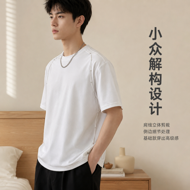 「图片1」，生成一套主图（5张），商品名称是男士T恤，卖点是高含棉量 200g 重磅质感，挺括有型，告别软塌廉价感； 小众解构风设计，肩线 / 侧边细节剪裁，基础款穿出高级感 ；高弹高色牢度面料，久穿预览效果