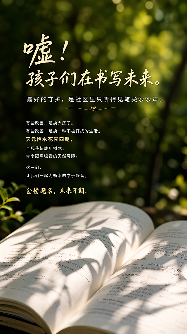 微距视角，一本摊开的习题集，纸上落着树叶斑驳的影子，背景是虚化浓密的社区绿荫，整体画面宁静自然，无建筑，氛围静谧温暖，展现安静社区环境，宣传高考静音主题，配有文字：主标“嘘！孩子们在书写未来。”，副标“最好的守护，是社区里只听得见笔尖沙沙声。”，内文“有些改善，是换大房子。有些改善，是换一种不被打扰的生活。天元怡水花园四期，全冠移植成年树木，带来隔离噪音的天然屏障。这一刻，让我们一起为衡水的学子静音。金榜题名，未来可期。”