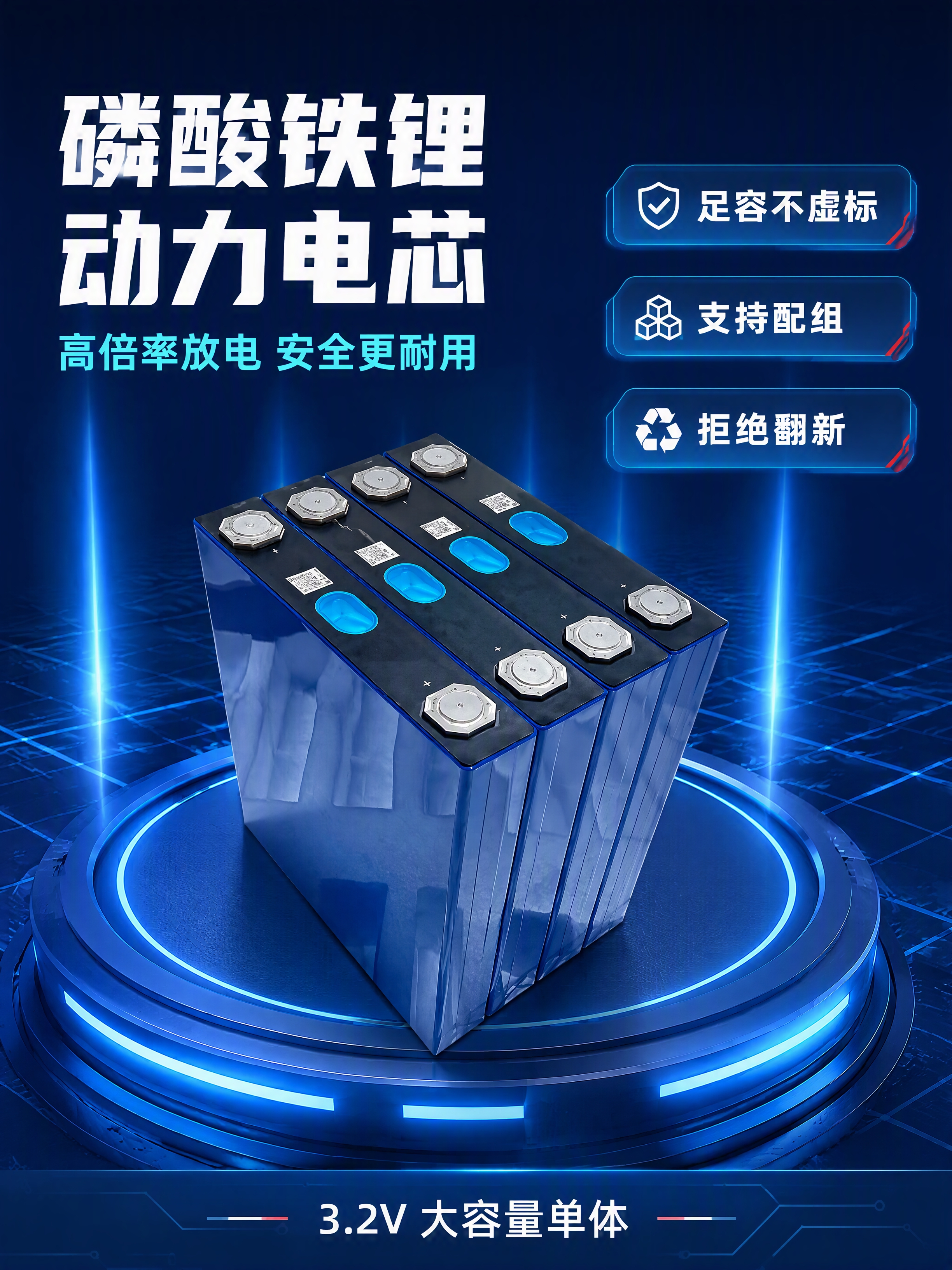详情页头图-磷酸铁锂动力电芯硬核宣传海报。本张使用产品图作为商… - 图片创意预览