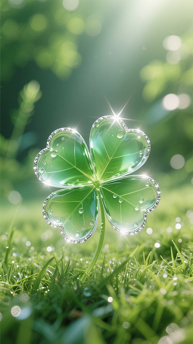 一枚晶莹剔透的玻璃质感四叶草，叶片呈现心形，边缘有精致的银色包边，通体散发着翠绿到透明的渐变光泽，置于清晨阳光照耀下的嫩绿草地上，背景是模糊的绿色植物和柔和的光斑，整体画面充满清新、梦幻、幸运的氛围，光影效果柔和，高光处有闪亮的星芒，四叶草位于画面中心，细节清晰，立体感强，周围点缀着细小的露珠反光。