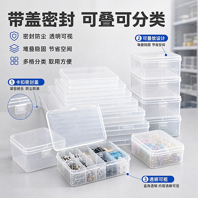 [主图-2] 1688透明PP塑料收纳盒容量与结构卖点图，任务是展示带盖密封、可叠放、分类收纳的核心功能优势。
[统一基调] 1688 B端源头工厂风，整体干净通透工业品质感，背景浅灰渐变加轻微工厂货架环境虚化，主色调透明本色+浅灰+工业蓝点缀，标题字深灰加粗，辅助字中灰，强调色工业蓝，字体为无衬线粗黑体，字号层级分明，卡片用细边框浅灰底，整体专业稳重不花哨。
[画面] 画面主体展示一组透明收纳盒的使用状态，其中一个盒子开盖展示内部空间，里面整齐分类放着小物件如文具、零件、饰品等，体现分类收纳功能；旁边几个盒子整齐叠放，展示可叠加节省空间的结构优势；还有一个盒子侧面展示卡扣结构，体现带盖密封防尘。产品外观、材质、卡扣结构与输入图完全一致。用细线引线标注三个核心结构点：1.卡扣密封盖 2.可叠放设计 3.透明可视。主体占比约65%，视角为正面略微侧视。
[光影质感] 商业产品摄影质感，光线均匀柔和，透明盒体有自然透光感，内部物品清晰可见，叠放处有自然的接触阴影，结构细节清晰。
[配色] 背景浅灰渐变，产品透明本色，引线和标注文字工业蓝，整体干净专业。
[文字版式] 顶部大标题"带盖密封 可叠可分类"，下方三个卖点短句分三行排列："密封防尘 透明可视"、"堆叠稳固 节省空间"、"多格分类 取用方便"，文字放在顶部和侧边负空间，不遮挡主体，字体统一无衬线粗黑体。
[输出要求] 1:1正方形，2048x2048，2K分辨率，文字清晰可读，产品清晰不变形，无错字，无杂乱元素，无水印，无平台logo，禁止出现极限词。