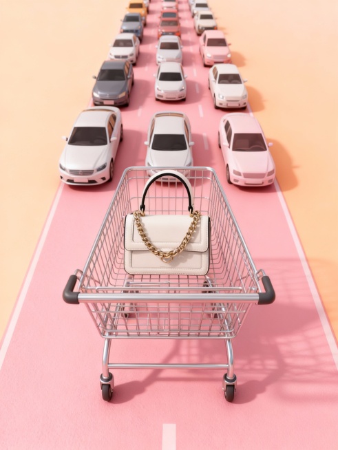 以浅橙色渐变为背景，顶部视图，3D写实极简风格，粉色道路上有三排极简汽车堵在路上，视觉中心是中间一排有一辆朝向前方的银色购物车中装着参考图中的产品预览效果