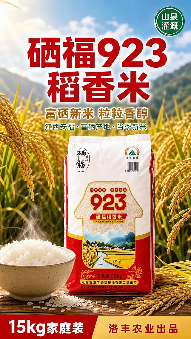 [详情页-1] 硒福923稻香米专业头图（9:16竖版），食品大米风。
[氛围风格] 食品大米风、米白金黄金翠绿配色、抖音食欲感、高清实拍质感、田园产地风；
[画质] 商业摄影质感、光线柔和通透、产品清晰真实、画面干净高级、超高清细节；
[元素] 画面上半部分为金黄色稻田风光，稻穗沉甸甸，阳光洒在稻田上金光闪闪，远处青山蓝天白云。画面中部偏下为一袋硒福923稻香米（15kg装），保持产品包装外观（红白配色、923大字、硒福稻香米字样、稻田山水画、洛丰农业logo、净含量15kg）与输入产品图一致，杜绝任何变形和色差。大米袋前方有一碗刚蒸好的白米饭冒着热气，旁边散落晶莹米粒和金黄稻穗。整体上景下物构图，竖版层次分明。商品主体占比约45%。
[光影] 上方阳光感柔和自然光，下方产品区侧光照明，突出大米袋包装质感和米饭热气，米粒有晶莹高光，阴影柔和自然，整体温暖有食欲感。
[配色] 主色调米白+金黄；辅助色翠绿（稻田/强调）；强调色正红（包装/标题）。
[视角构图] 9:16竖版上下构图，上部稻田风光+中部标题+下部产品米饭，阅读动线从上到下：稻田风光 → 标题 → 产品米饭。
[文字版式] 上部稻田区居中主标题"硒福923稻香米"，正红色超粗黑体，最大号最醒目。副标题"富硒新米 粒粒香醇"，金黄色粗黑体，中号，位于主标题下方。主标题下方装饰小字"江西安福·富硒产地·当季新米"，白色细体带浅绿描边。产品区底部通栏：左红底白字"15kg家庭装"，右金黄底红字"洛丰农业出品"。右上角圆形绿底白字徽章"山泉灌溉"。
[输出要求] 9:16竖版比例，文字清晰锐利，超高清商业摄影质感。
[负向提示词] 变形，文字错乱，产品图模糊，背景杂乱，水印，电商平台Logo，多余的手，畸形手，人物面部扭曲。