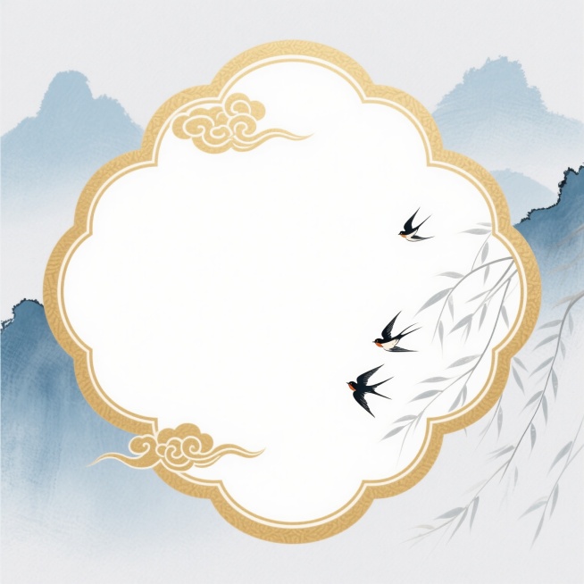 中国风传统纹样装饰边框，金色祥云纹勾勒的异形边框，内部为纯白色负空间，四周点缀淡蓝色水墨风格远山、浅灰色柳枝和三只飞翔的水墨小鸟，整体采用淡雅的蓝灰色调渐变，保持简约留白的东方美学风格，具有古典雅致的装饰感，适合作为海报或卡片的背景框架。预览效果