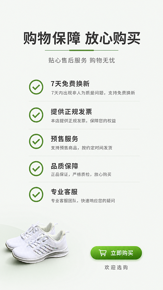[第8屏] 售后服务屏，展示购买保障，引导下单。使用【图1】鞋子小图放在左下角。
[氛围/风格] 简约信任风，清晰传递服务信息，提升购买信任感。
[元素布局] 左下角放置【图1】跑步鞋小图展示，保持外形颜色不变，中上部区域展示售后服务信息，包括7天免费换新、提供发票、预售服务等用户提供信息，每个服务配对勾图标，排列整齐。背景简洁，突出信息。
[光影质感] 整体明亮均匀，信息清晰，无强烈明暗对比，阅读舒适。
[配色色系] 全局底色：#F5F8F6；主体：鞋子白色，图标绿色点缀，文字深灰色。
[视角构图] 信息主体居中，左下角产品点缀，整体排版均衡。
[文字版式] 顶部主标题「购物保障 放心购买」，服务信息逐条排列，图标+文字，清晰明了，底部可放置小字「欢迎选购」，文字清晰可读。
[比例分辨率] 9:16 竖版比例，4K分辨率，文字清晰可辨，超高清。
[负向提示词] 鞋子变形，文字错乱，信息错误，水印，背景杂乱。