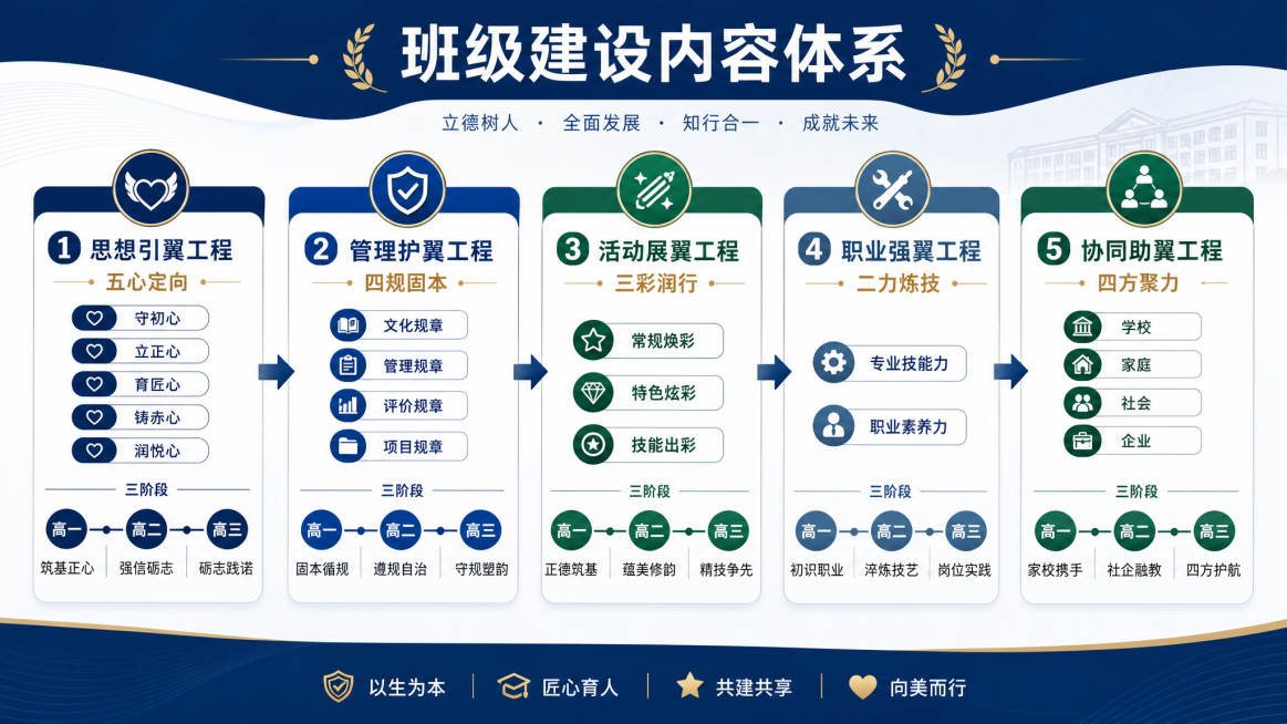 设计一个简洁清晰大气的横向班级建设内容体系流程图，包含五大工程：1.思想引翼工程-五心定向（守初心、立正心、育匠心、铸赤心、润悦心），分高一筑基正心、高二强信砺志、高三砺志践诺三个阶段；2.管理护翼工预览效果