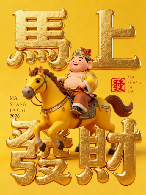 海报设计：一匹胖胖的黄骠马，背上骑着胖财神爷，Q版，唐代审美，财神爷后面内容是“馬上發財”艺术繁体字体，文字分两行排列于财神爷后上方、后下方，笔画极粗非常厚实饱满，笔画大体走势是黑体字（横平竖直)，笔预览效果