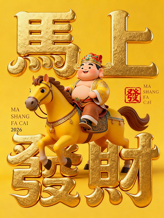 软3D风卡通财神骑马，鎏金大字“马上发财”浮雕质感，喜庆金属光泽，2026新年贺岁设计。