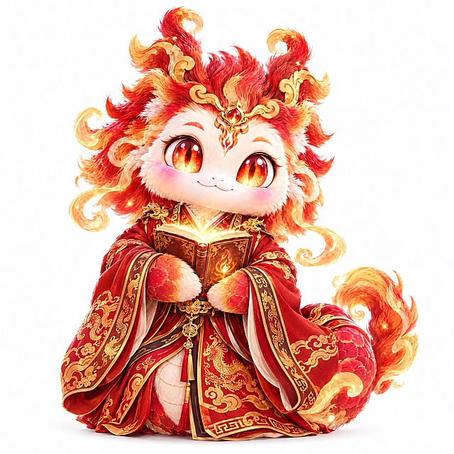 基于参考图中的神龙神兽，保持神兽原本的动物形态和所有特征完全不变（红金鬃毛、金饰、龙鳞、火焰眼、抱书姿势），给它穿上秦始皇时期的红色丝绸长袍，衣服为秦朝贵族样式，宽袖设计，红色丝绸配金色纹饰，华贵精致，神兽整体形态保持不变。3D卡通渲染，纯白色背景，高清细节