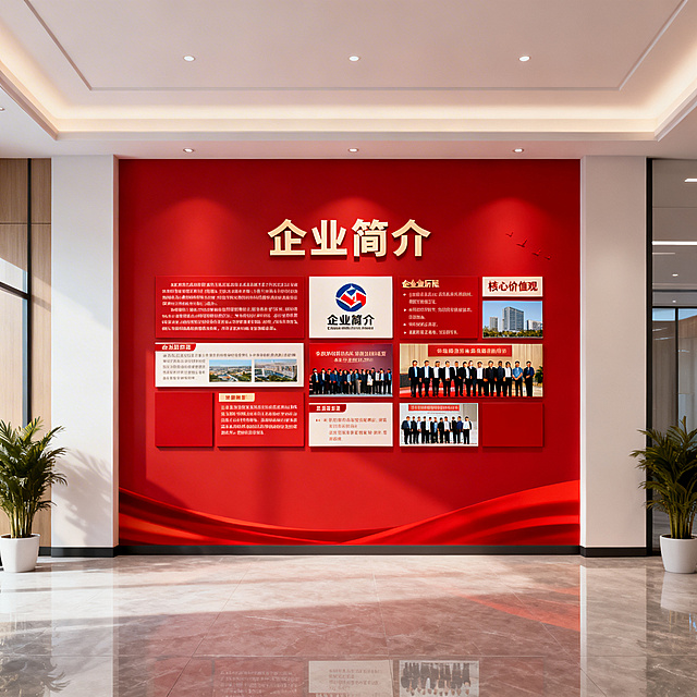 正方形红色企业文化墙，展示企业简介内容，整体主色调为红色，搭配简洁的企业图文设计，庄重大气，充满企业文化氛围