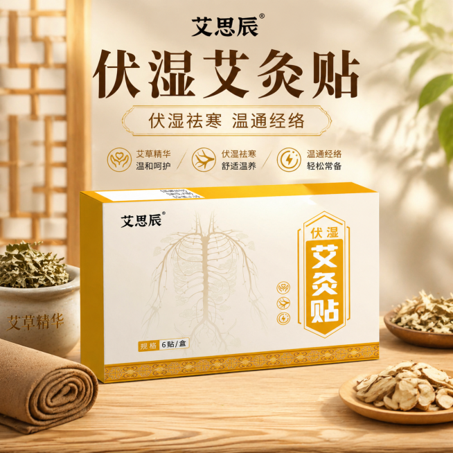基于原产品图生成一张3D透视效果的艾思辰伏湿艾灸贴电商主图，内容丰富高级，将产品包装盒放置在浅木纹台面，保持产品信息完整清晰，具有明显立体感预览效果