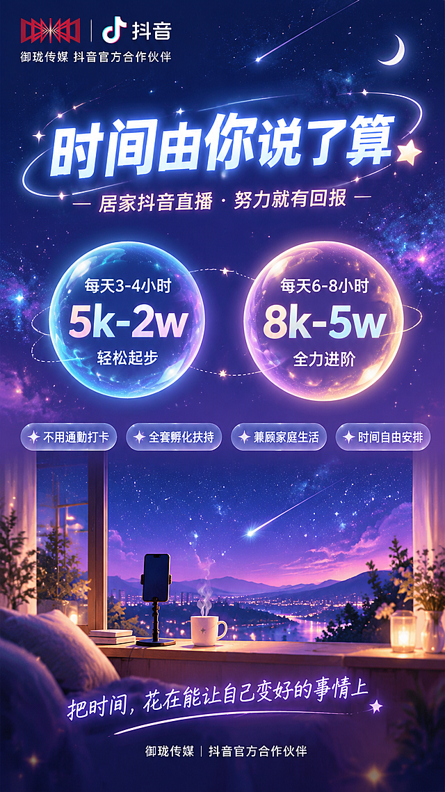 一张竖版9:16的朋友圈居家主播招募海报，风格为「星空梦境·时间自由」主题，与之前所有风格差异化——主打深蓝夜空+星光+时间元素，表达"时间自己说了算"的自由感，梦幻但不幼稚，有高级感的星空治愈风。

主色：深夜空蓝#1A237E渐变到柔紫#4A148C再到浅粉紫#9C27B0的梦幻夜空底色，上深下浅渐变。辅助色星光白#FFFFFF、柔金粉#FFD54F、薄荷星光#80DEEA，文字色纯白#FFFFFF、柔粉#F8BBD0。严禁黑金、奢华感、夸张暴富风，不设置任何二维码占位区域。

顶部左上角放置御珑文化传媒红色logo（参考图）+ 抖音logo并排，logo做白色描边处理融入夜空，下方配白色小字"御珑传媒 抖音官方合作伙伴"。

C位大标题（白色发光字体，像星光一样）：
白色发光："时间由你说了算" 💫
标题周围环绕着星星和光晕效果。
副标题（柔粉金色小字）："居家抖音直播 · 努力就有回报"

中部核心信息区（两个半透明玻璃质感圆形卡片，悬浮在星空中，像两个星球）：
左侧星球（薄荷星光色光晕）：
  顶部"每天3-4小时"
  中间大数字"5k-2w"
  底部"轻松起步"
右侧星球（柔金粉色光晕）：
  顶部"每天6-8小时"
  中间大数字"8k-5w"
  底部"全力进阶"
两个星球之间有一条虚线连接，像轨道一样。

下方优势标签（4个白色半透明圆角小标签，横向排列，像漂浮的小星星）：
✨ "不用通勤打卡"
✨ "全套孵化扶持"
✨ "兼顾家庭生活"
✨ "时间自由安排"

画面下半部分视觉：夜空下的居家窗台剪影，窗内透出温暖的灯光，窗台上放着手机支架和一杯热茶，窗外是满天繁星和流星划过，表达"在家也能拥有整片星空"的自由感。

底部金句："把时间，花在能让自己变好的事情上"
最底部品牌背书："御珑传媒｜抖音官方合作伙伴"（白色小字）

装饰元素：满天繁星、流星、光晕、星球卡片、星座连线、萤火虫光点、窗台剪影，整体梦幻治愈有高级感，像深夜里的一束光，版式唯美但主次分明，数字和标题都很清晰。

字体：标题发光粗体思源黑体，正文思源黑体，所有文字清晰可读。画面中所有数字必须精确渲染，不得错位、遗漏或编造。画面中所有信息区域必须填充完整合理的内容，不得出现空白框或待填写区域。画面中不设置任何二维码区域或二维码占位符。