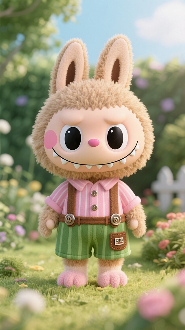 拉布布，泡泡玛特，大统领，卡通风格，拟人化角色，兔子耳朵，浅棕色毛发，大眼睛，黑色瞳孔，尖牙齿，粉红色脸颊，粉色衬衫，绿色短裤，竖条纹设计，棕色口袋，金属纽扣，小布标，浅粉色脚掌，花园背景。毛绒艺术作品，水彩笔触。
