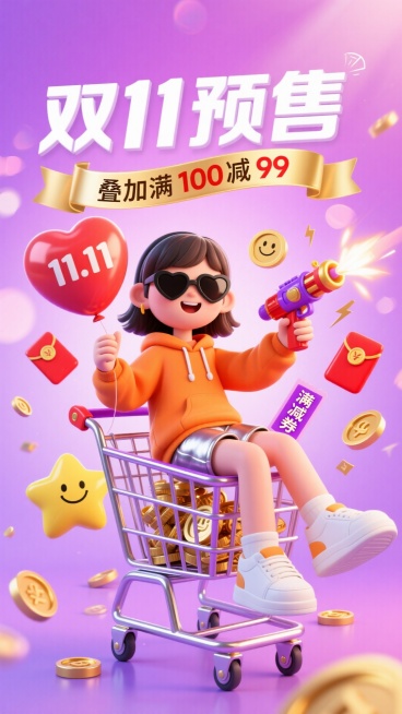 以粉紫渐变背景为主，上方有白色立体文字 “双 11 预售”，金色横幅标注 “叠加满 100 减 99”。中央是一位坐在紫色购物车里的卡通女孩，身穿橙色连帽卫衣和银色短裤，脚踩白色运动鞋，头戴黑色心形墨预览效果