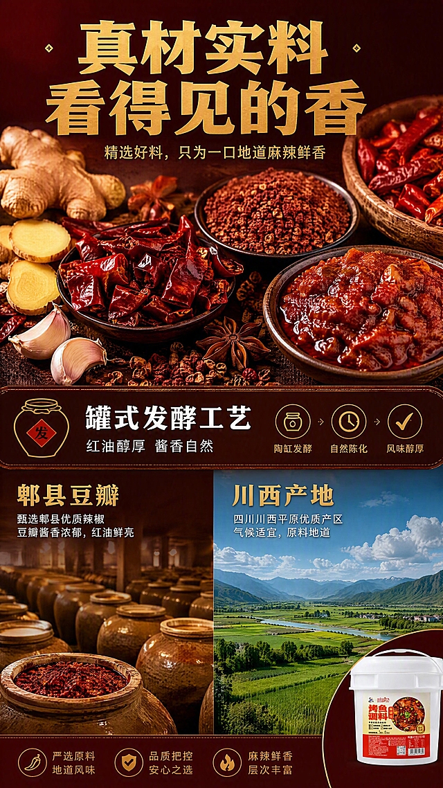 [第3张] 详情页原料与工艺展示-倍珍香烤鱼调料罐式发酵与真实原料。本张为成分/产地专张，不使用产品图作为主体，仅右下角小图露出【图1】桶身包装作辅助。
[氛围/风格] 原料真实感+工艺专业感，暖调自然光，商业微距摄影质感。
[元素布局] 画面上半部分为原料微距平铺，占画面约55%：红亮的干辣椒段、饱满的红花椒粒、红褐色郫县豆瓣、姜片、蒜瓣、八角等香辛料，真实食材质感，油润光泽；中间一条深棕色工艺信息带；下半部分左侧为罐式发酵陶罐示意，右侧为原料产地川西平原田园风光小图；右下角小圆形露出烤鱼调料桶包装一角作品牌呼应。
[光影质感] 上方柔和自然光打亮原料，突出辣椒油亮、花椒颗粒感、豆瓣酱体质感；陶罐与产地图各有独立光影，层次分明。
[配色色系] 全局底色 #3E1010 深酒红；主色辣椒红、花椒红棕；辅助色陶罐土黄、田园绿、金色文字。
[视角构图] 俯视+平视组合，上半原料俯视为视觉主体，阅读动线顶部原料区 → 中部工艺带 → 下部产地/罐式区。
[文字版式] 原料区上方主标题「真材实料 看得见的香」，金色粗黑体；中部工艺带白色文字「罐式发酵工艺」+ 小字「红油醇厚 酱香自然」；下方左右分区标题「郫县豆瓣」「川西产地」配简短说明；所有文字字号大，移动端清晰可读；字色金+白。
[比例分辨率] 9:16 竖版比例，4K分辨率，文字清晰可辨，高清画质。
[负向提示词] 原料虚假，水印，文字错乱，文字过小，极限词违禁词，医疗化表述。