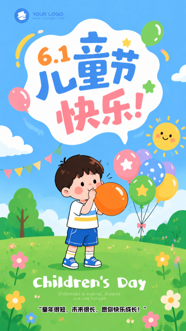 参考已有图片的可爱卡通插画和儿童节风格，生成一张单人卡通小男孩在户外吹气球，人物和前两张不同，保持配色明亮活泼，可爱童趣的儿童节氛围预览效果