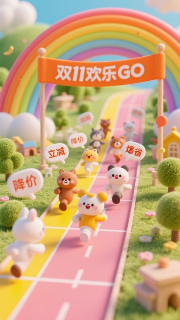 一群可爱的卡通小动物，在一条彩虹跑道上欢乐地向前方奔跑冲刺。跑道的尽头是一个巨大的“双11欢乐GO”终点线横幅。 小动物们头顶上飘着带有“降价”、“立减”、“爆省”等字样的气泡对话框。
画面以活力橙色预览效果