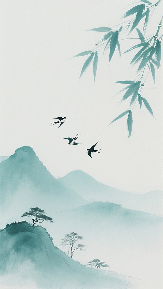 中国水墨画风格背景，柔和淡雅的青绿色调，右上角以写意笔触描绘几片飘逸的竹叶，左下角是朦胧的远山轮廓，山间点缀几株简约的树木，三只飞鸟呈品字形翱翔于天际，整体画面留白充足，意境悠远宁静，具有浓厚的东方禅意美学，采用不同的青绿色系渲染山峦与竹叶，背景融入传统水墨的淡墨晕染技法，营造出与原作风韵一致但色彩和细节样式略有变化的中国风山水景致。