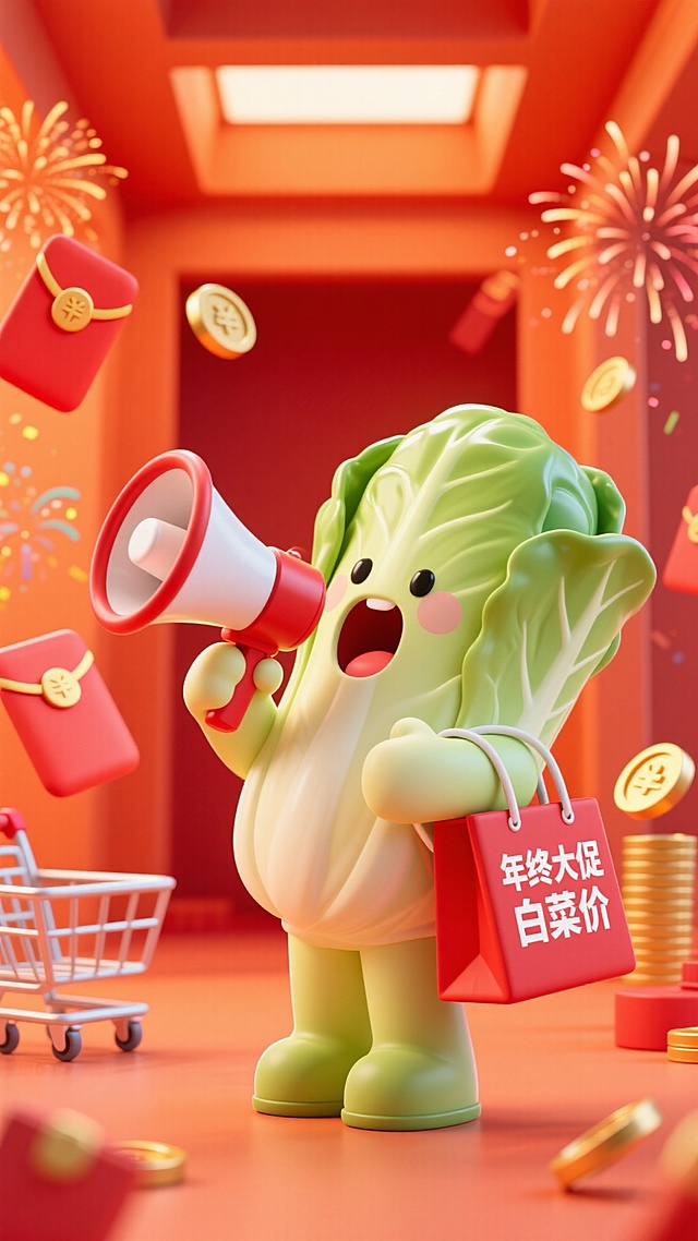 主视觉为一个白菜小人拿着喇叭，背着红色购物袋大喊，购物袋上写着“年终大促 白菜价”，促销感氛围，红橙配色透视背景，红包、金币、礼花、购物车元素点缀画面。