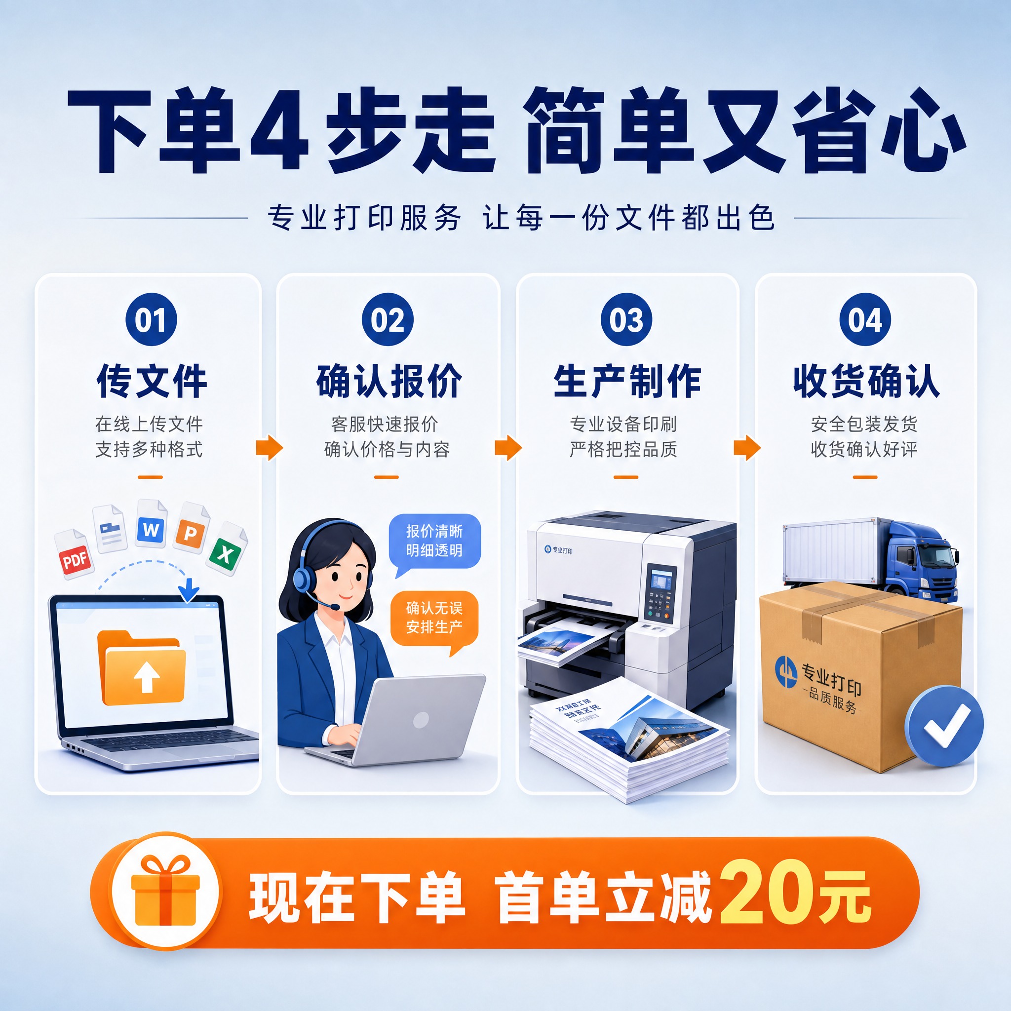 基于参考图的蓝橙配色和打印服务风格，生成一张下单流程指引主图。… - 图片创意预览
