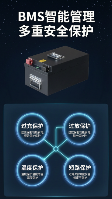 [第4屏] 磷酸铁锂锂电池核心技术解析，展示BMS智能管理系统工作原理。
[氛围/风格] 科技原理可视化，深色科技背景，发光数据线条，专业直观清晰。
[元素布局] 页面顶部放置主标题，中部上下结构：上预览效果