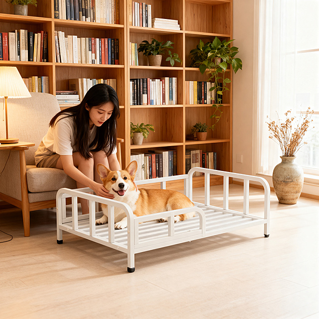 浅灰色金属铁艺狗床框架，保持产品主体物理结构绝对不变，去掉底部四个黑色轮子，保持底部支撑脚平整，严禁扭曲变形结构穿模。中景平视，主体放在书房浅色地板上，清晰接触阴影。室内小清新原木风，背景是落地原木书架，上面摆放书籍和绿植。狗床上躺着慵懒开心的短腿柯基，东亚长发美女坐在旁边单人沙发上，弯腰低头抚摸柯基，氛围安静惬意。桌面台灯暖光混合窗边自然光，整体柔和明亮，低对比度，旁边放文艺陶瓷花瓶插干花，增添氛围感。商业级4K高清，舒适温馨。