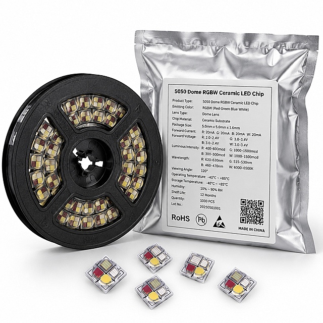 为第四款5050 Dome RGBW Ceramic LED Chip生成包装图，布局：前景黑色胶盘（绞盘）+ 旁边放置银色防静电真空铝箔袋，铝箔袋印有产品全部参数，胶盘前方放置几个独立样品，保持产品外观和原图一致，所有文字为英文，尺寸1000x1000。