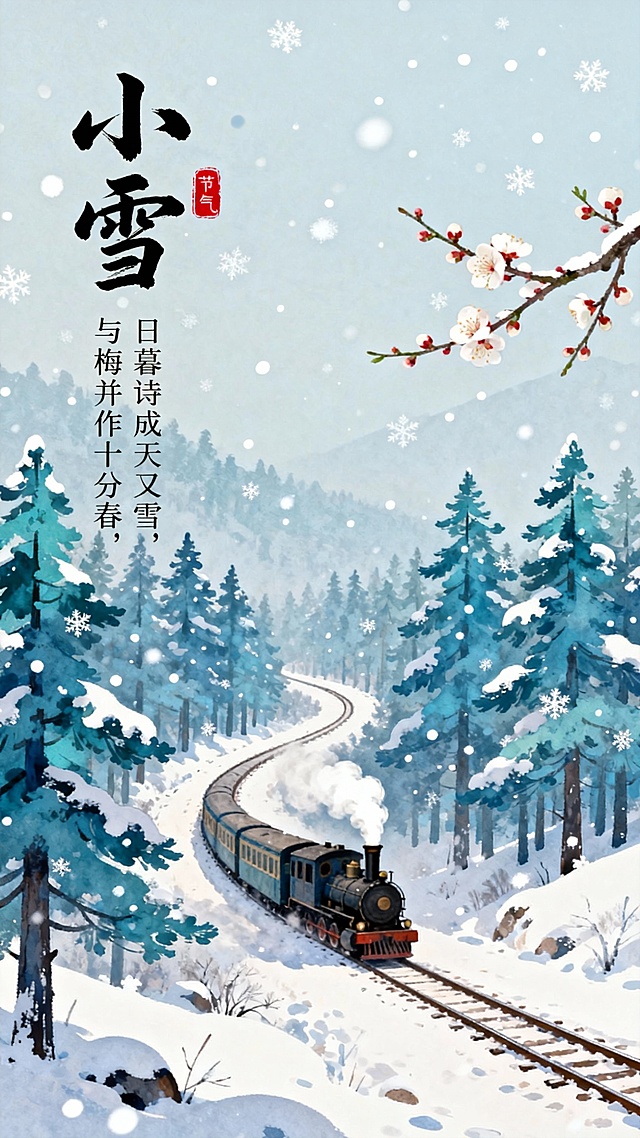 中国风插画风格的小雪节气海报，以淡雅的蓝白为主色调，营造出宁静致远的冬日氛围。画面中，一条蜿蜒的小路上行驶着一辆蒸汽火车，车头烟筒冒着白烟，穿梭于被白雪覆盖的蓝绿色松树林间，雪花轻盈飘落，点缀着整个场景。右侧几枝梅花冒出了头，增添了冬日的生机与暖意。左上角以潇洒的毛笔书法书写“小雪”二字，旁边配以红色印章，下方辅以“日暮诗成天又雪，与梅并作十分春”的诗句，整体构图采用竖版布局，留白恰到好处，视觉层