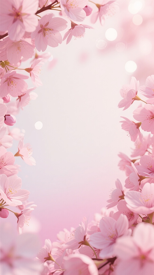一张以柔和渐变的粉白色为背景的数字插画，画面四周被大量盛开的粉色樱花环绕，花瓣层次丰富，细节清晰，中心区域留白，光线明亮柔和，带有细腻的光斑和散景效果，整体营造出浪漫、清新、梦幻的氛围，色调统一为粉白色系，无文字元素。