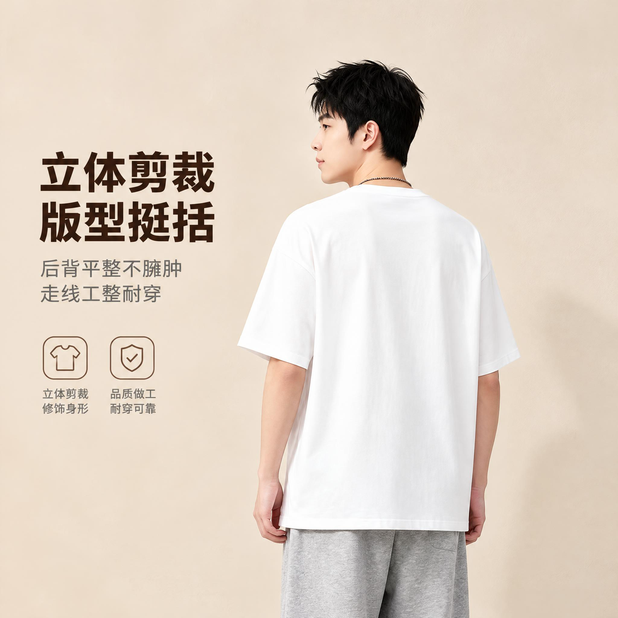 [主图-3] 男士纯棉宽松落肩圆领短袖T恤（白色）背面模特穿搭… - 图片创意预览