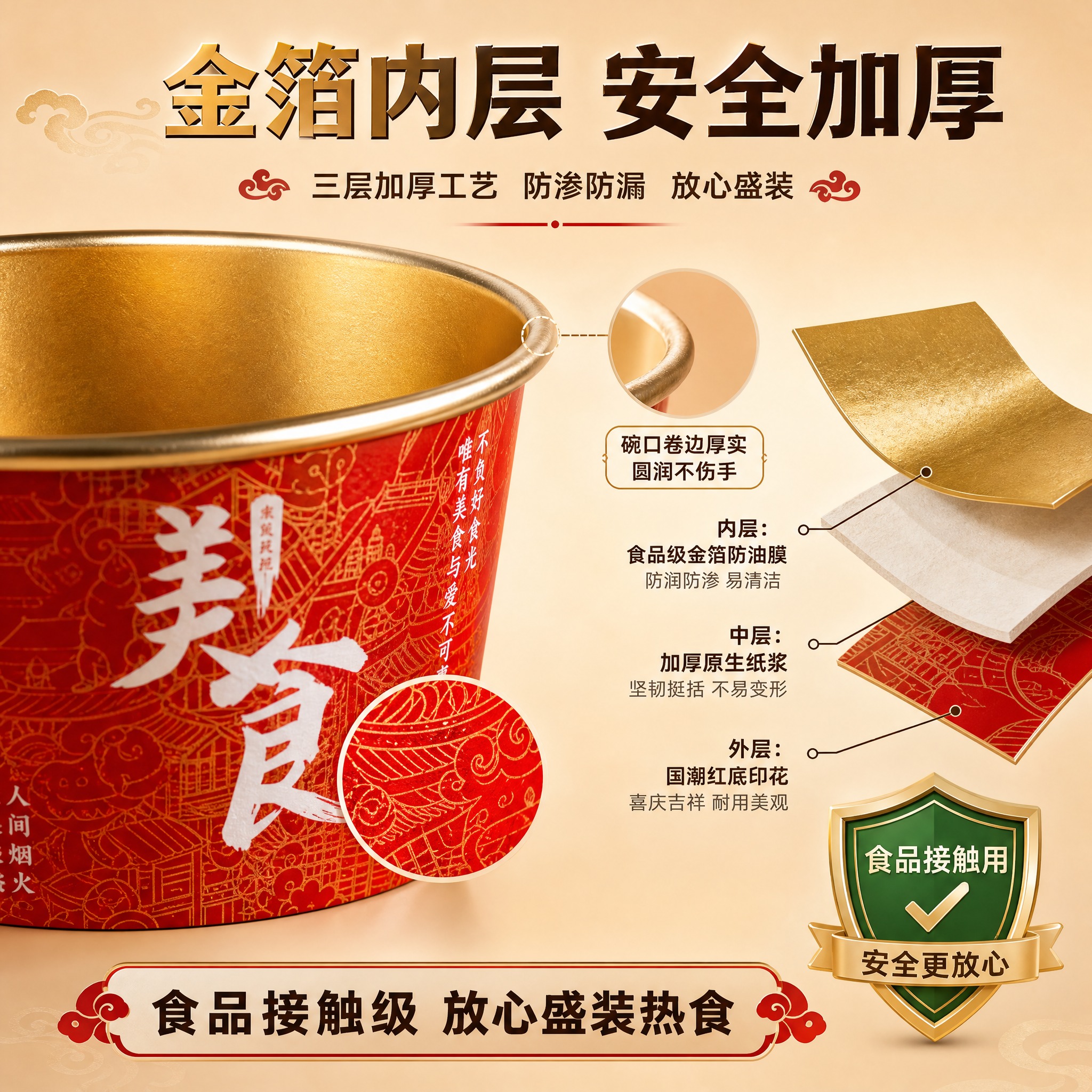 [主图-3] 材质细节与安全性图，展示金箔纸碗的材质结构、做工… - 图片创意预览