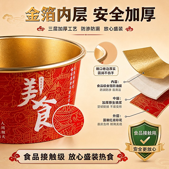 [主图-3] 材质细节与安全性图，展示金箔纸碗的材质结构、做工细节与食品接触安全，让用户放心使用。
[统一基调] 国潮喜庆风格，暖米色渐变背景为主，点缀朱红与金色元素，主标题用粗黑体白色或金色，辅助文字用深棕色，强调色为朱红与烫金，字体统一为现代粗黑体，卡片用圆角金边样式，整体高端餐饮质感。
[画面] 画面中央偏左是一只纸碗的45度侧视特写，放大展示碗口金边的厚度与质感，碗壁侧面有局部放大圆圈，展示金箔内层材质纹理与外层国潮印花细节。右侧用三层结构示意图展示纸碗构造：外层国潮红底印花 / 中层加厚原纸 / 内层金箔防油膜，每层用引线标注名称。右下角有一个"食品接触用"安全盾牌图标。产品主体占比约50%，细节放大与结构说明作为品质证据。
[光影质感] 微距商业摄影质感，侧逆光打亮碗口金边边缘，形成漂亮的轮廓光，金箔内层有金属光泽反射，纸质层能看到纤维纹理，整体质感厚实高级，边缘圆润无毛边。
[配色] 背景浅米色渐变，突出产品细节，金箔层暖金色，纸层米白，外层朱红，文字深棕色与金色，安全图标绿色与金色搭配。
[文字版式] 顶部大标题"金箔内层 安全加厚"，右侧三层结构各有标注文字，底部一行"食品接触级 放心盛装热食"，文字沿产品轮廓分布在负空间，不遮挡关键细节，字体统一，标注文字清晰。
[输出要求] 比例1:1，材质细节清晰，文字标注准确，无错字，无水印，无平台Logo，产品结构真实可信，不虚构材质层数。