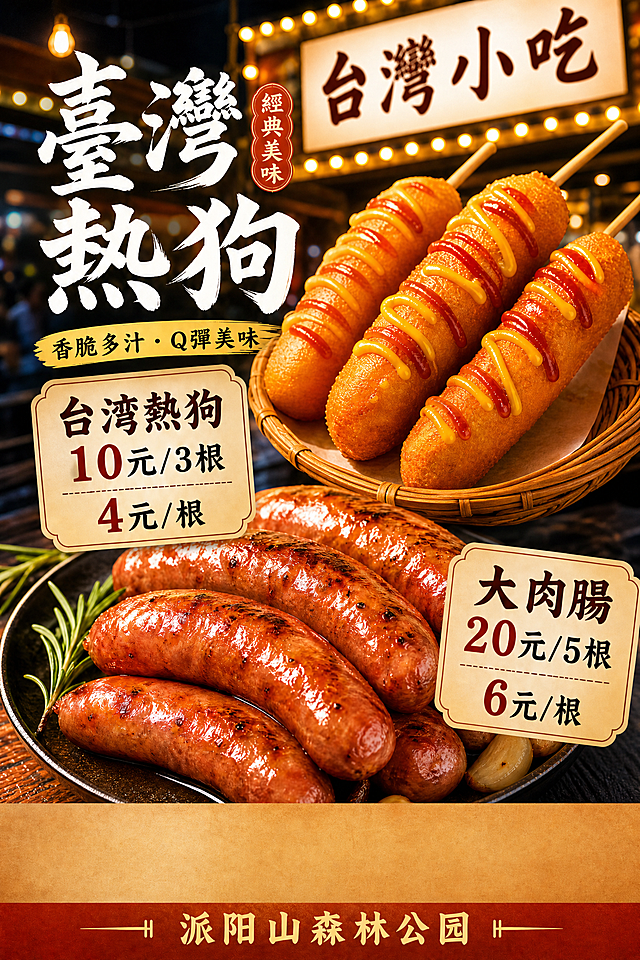 去掉图中的"台湾热狗"小举牌和"夜市美食"左下角小举牌，保留其他价格文字和"派阳山森林公园"落款，在海报底部留出空白区域，保持整体美食海报风格，保留台湾热狗和大肉肠美食展示