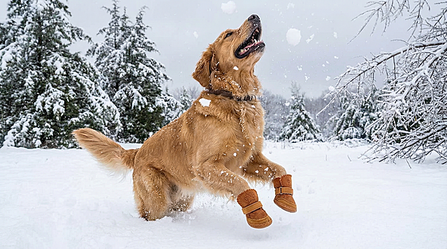 以图中的狗狗雪地靴为元素,冬天狗狗穿着雪地靴,设计4张跟狗狗雪地靴有关的图,物体主体特征不变，比例 「16:9」