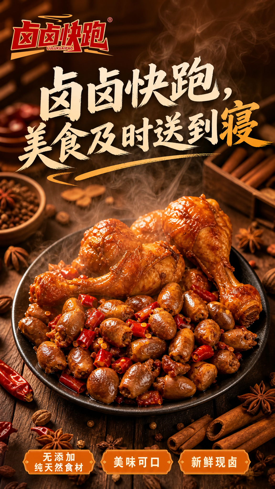 卤味美食宣传海报，热气烟火型创意。画面主体是一盘卤鸡心和卤鸡腿… - 图片创意预览