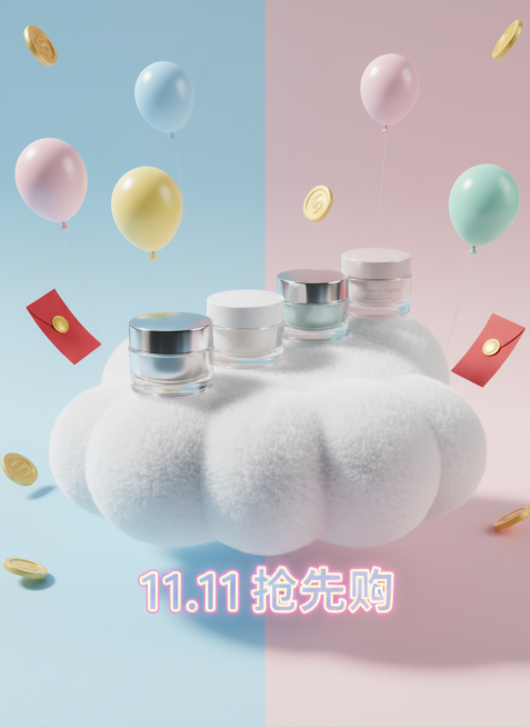 以马卡龙粉蓝为主色调，中央是云朵造型的软萌展台，展台上放置参考图产品，展台下方点缀 “11.11 抢先购”亮色霓虹灯，商品为卡通感包装美妆品，背景有彩色气球、红包、金币等，整体营造清新甜美的美妆促销氛预览效果