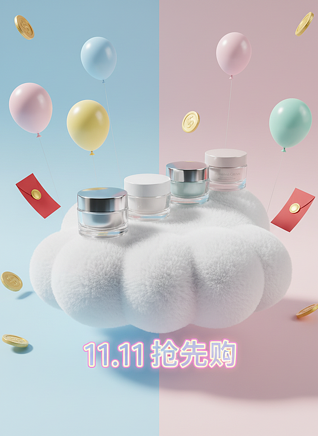 梦幻柔粉配色，软3D云朵托举产品，毛发生长质感与充气风气球营造甜蜜可爱氛围，金币红包点缀双11促销感，11.11抢先购主题鲜明。