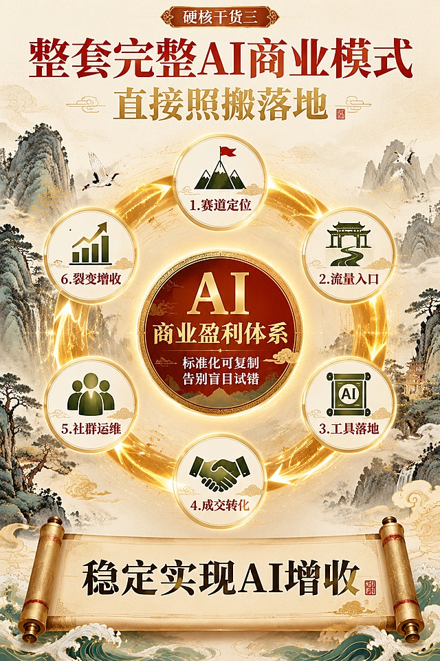 [第6屏] 硬核干货三：完整AI商业模式闭环体系。
[氛围/风格] 大气国风，系统完整，闭环循环，高端商务，新中式美学。
[元素布局] 画面中央为大型环形/圆形闭环流程图，六个节点首尾相连形成完整闭环；每个节点配国风图标与名称；环中心为「AI商业盈利体系」核心标识；背景为山水长卷与祥云纹饰；底部有卷轴承载总结文字。
[光影质感] 环形流程发出流动的金色光芒，体现循环往复、生生不息的意境；整体明亮通透，光影流畅。
[配色色系] 全局底色 #F5EFE0 米白宣纸色；主色 #8B0000 朱红、#D4AF37 鎏金；辅助色 #4A6741 青绿、#2C2C2C 墨色。
[视角构图] 竖版构图，中心环形布局，视觉焦点在中央闭环，阅读动线沿环形流动。
[文字版式] 顶部大标题「整套完整AI商业模式」，朱红色宋体加粗；副标题「直接照搬落地」，鎏金色；环形六大节点顺时针排列：「赛道定位」「流量入口」「工具落地」「成交转化」「社群运维」「裂变增收」，每个节点配图标；环中心标注「标准化可复制 告别盲目试错」；底部总结语「稳定实现AI增收」，墨色宋体加粗；文字排版沿环形分布，清晰有序。
[比例分辨率] 竖版比例，4K分辨率，文字清晰可辨。
[负向提示词] 变形，水印，文字错乱，文字过小，环形变形，画面杂乱。