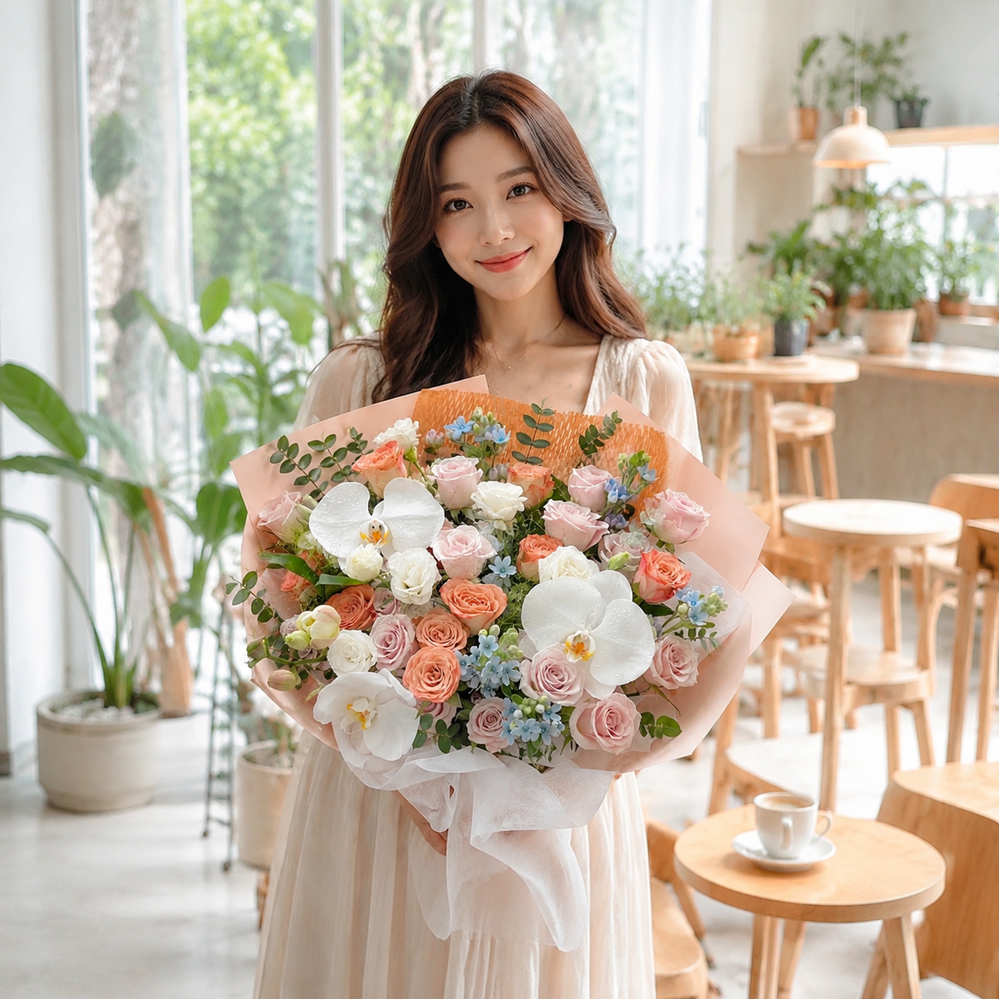 保持画面中花束的花材、包装、人物抱花姿势和咖啡店背景全部不变，… - 图片创意预览