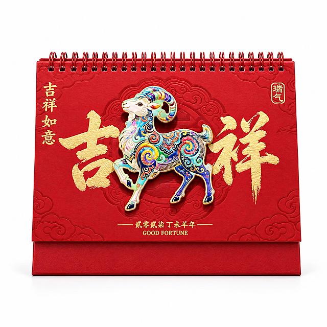 产品精修，产品置于纯白背景上，专业商业棚拍光，5500K标准中性白光，轮廓光，体积光，曝光正确，强烈真实立体感，接地处保留干净浅淡的自然接触阴影，严禁大片投影、脏灰阴影和悬浮感，主体居中，商品完整入画不裁切，商品外轮廓视觉体量约画面60%-80%，四边均匀留白约10%-20%，严禁满幅铺满与贴边顶满，极致超清画质，细节清晰锐利，商业级实拍质感，保留原图真实材质与结构细节，去除背景残留与杂色，色彩鲜艳饱满，红色纯正不偏色，珐琅色彩通透有光泽，锁定原图商品轮廓、件数、部件位置、连接关系、标签文字和可见功能细节，只做精修不重绘结构，台历红色纸面纹理细腻清晰，珐琅立体部分金属描边光泽明亮，珐琅釉料色彩通透渐变自然，立体浮雕凹凸质感强烈，金属线圈质感真实，正视图，标准透视校正，正常透视焦段，保持同类机位，比例1:1