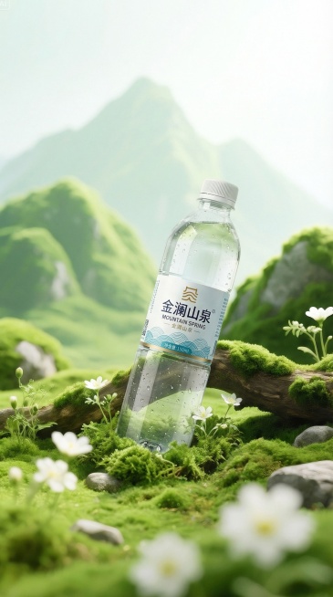 将金澜山泉水瓶自然斜放在苔藓覆满的木头上，与清新的山野草地远景场景融合协调，光线自然柔和，突出产品天然的特质预览效果