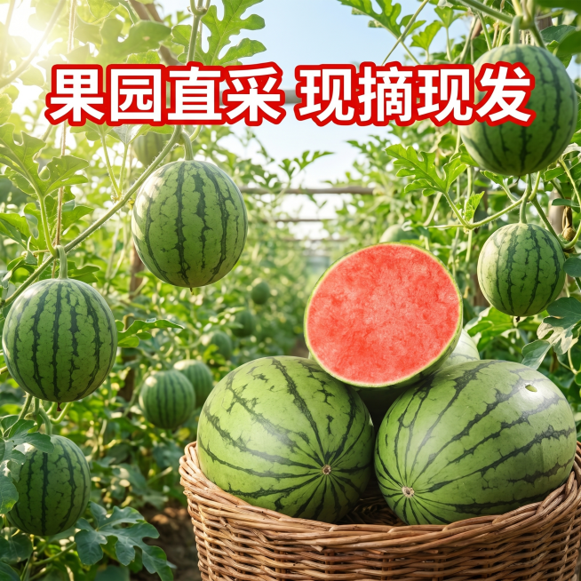 [主图-7] 2K手撕小糖丸西瓜源产地果园展示主图，食品扩展策略，突出新鲜直采。[氛围风格] 原生态果园氛围，新鲜自然，真实信任感。[画质] 商业摄影质感、光线柔和通透、产品清晰真实、画面干净高级。[预览效果
