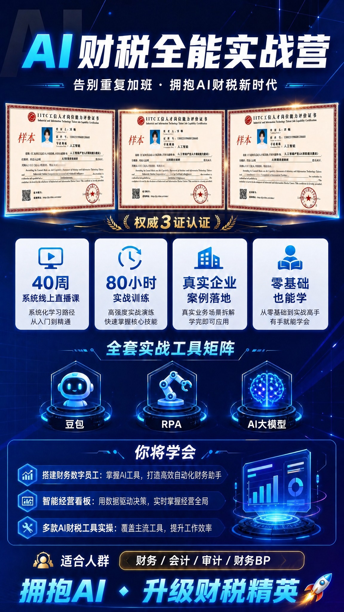 将海报顶部的主标题"AI财税精英特训营"替换为"AI财税全能实… - 图片创意预览