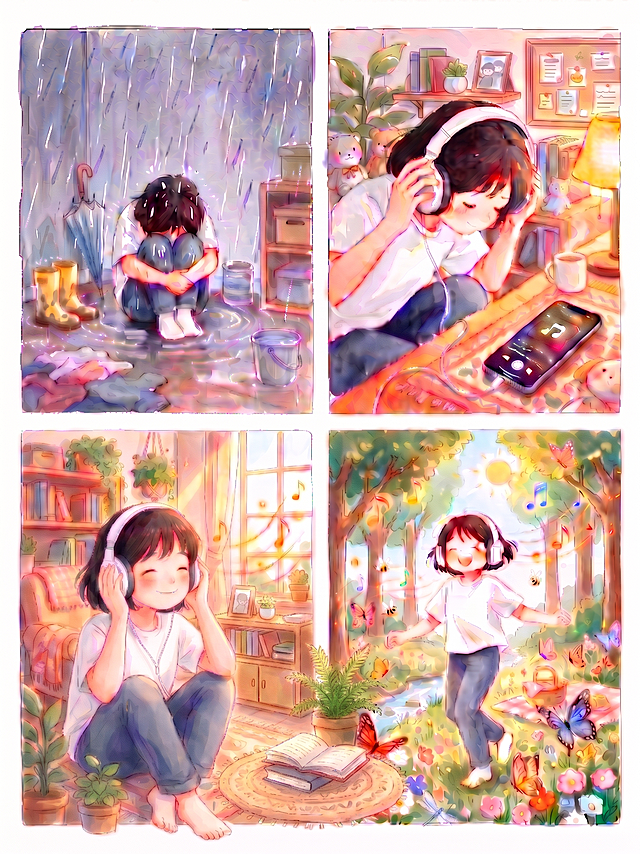替换第三个格子背景里的桌子，保留窗户不变，换成和整体风格协调的温馨置物架或者矮柜，保持人物和前方物品不变，其他格子不改动