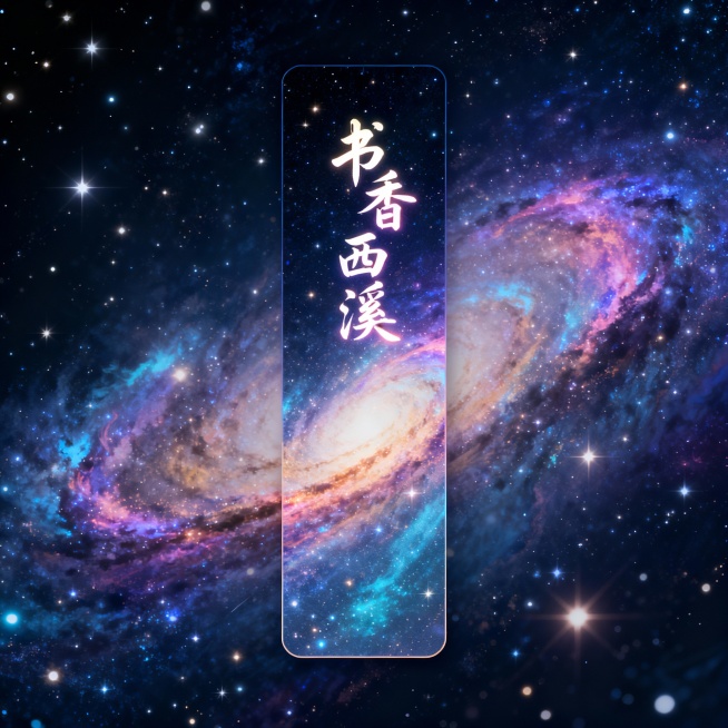 我想要给“书香西溪”读书品牌设计一款书签，书签要有流光溢彩的夜色感，有一种人在星河宇宙的浩瀚的感觉。尺寸符合市面上标准书签的尺寸。预览效果