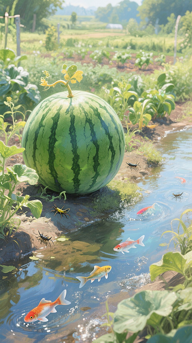 清新插画风，虚拟自然场景，西瓜与锦鲤共存，营造梦幻田园氛围。