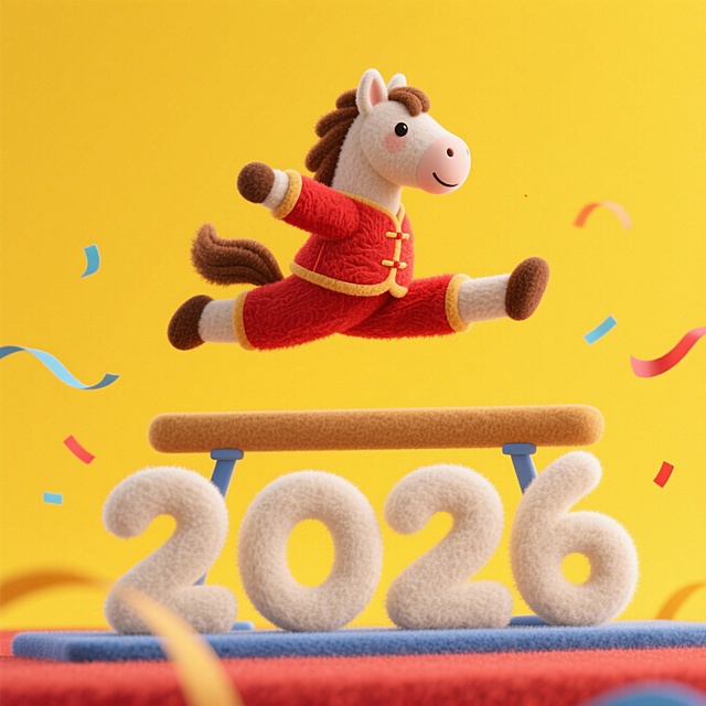 主体是一只穿红色新年套装的卡通小马，做体操跳马动作，在空中劈叉。鞍马下方有2026文字。黄色背景，中间飘下彩带。